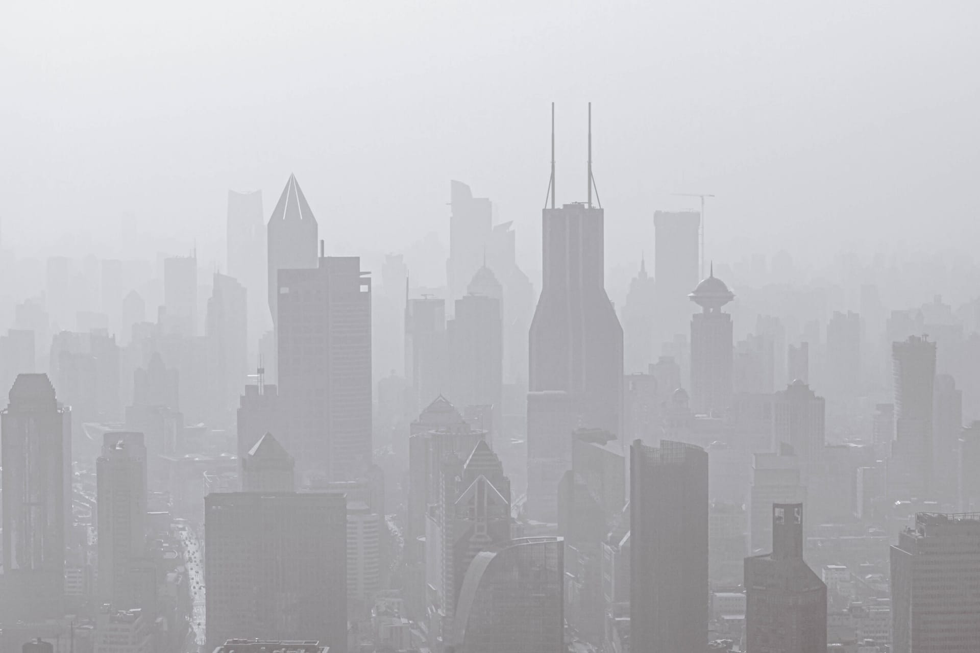 A city skyline in haze