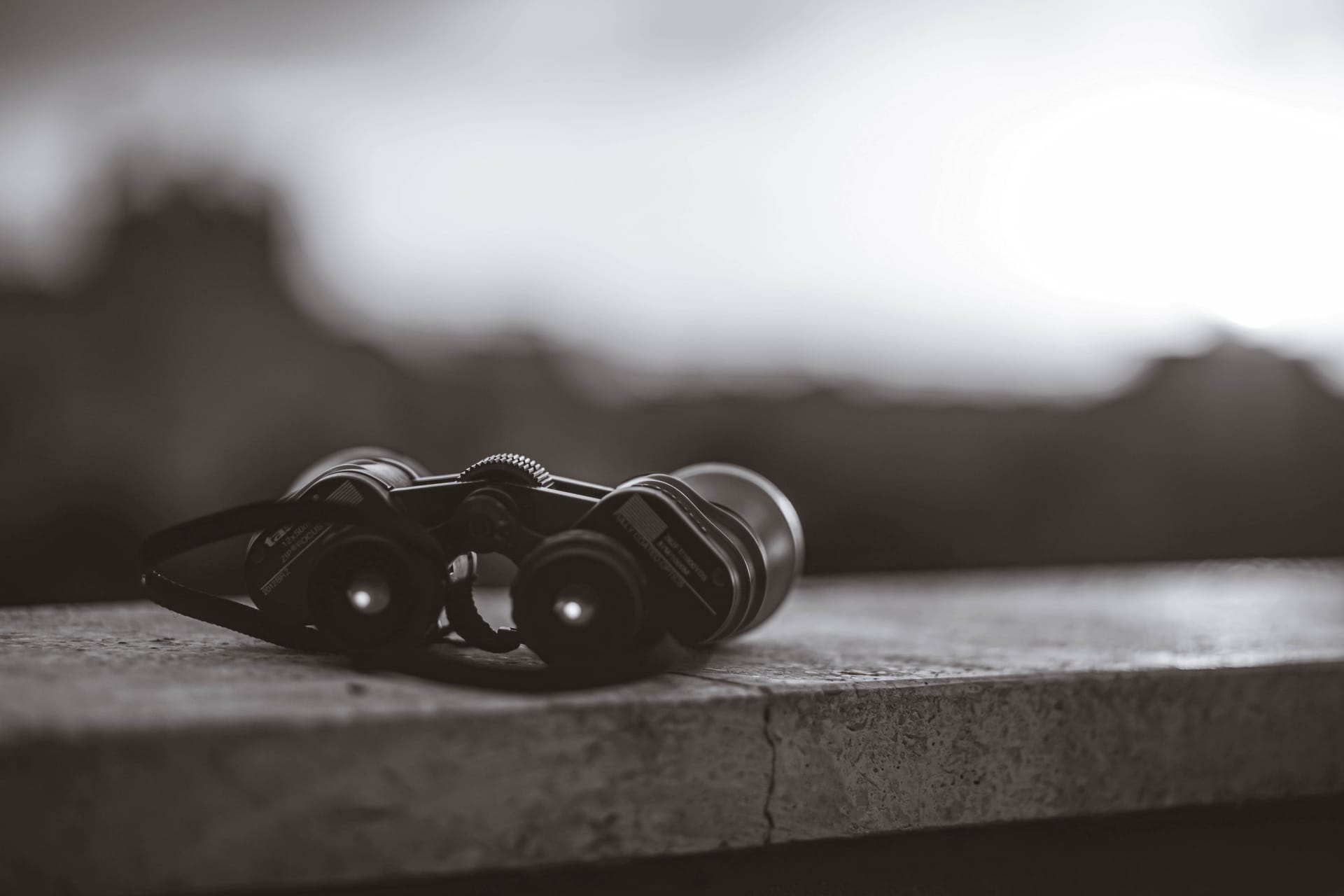 Coin-operated binoculars on a ledge overlooking a city